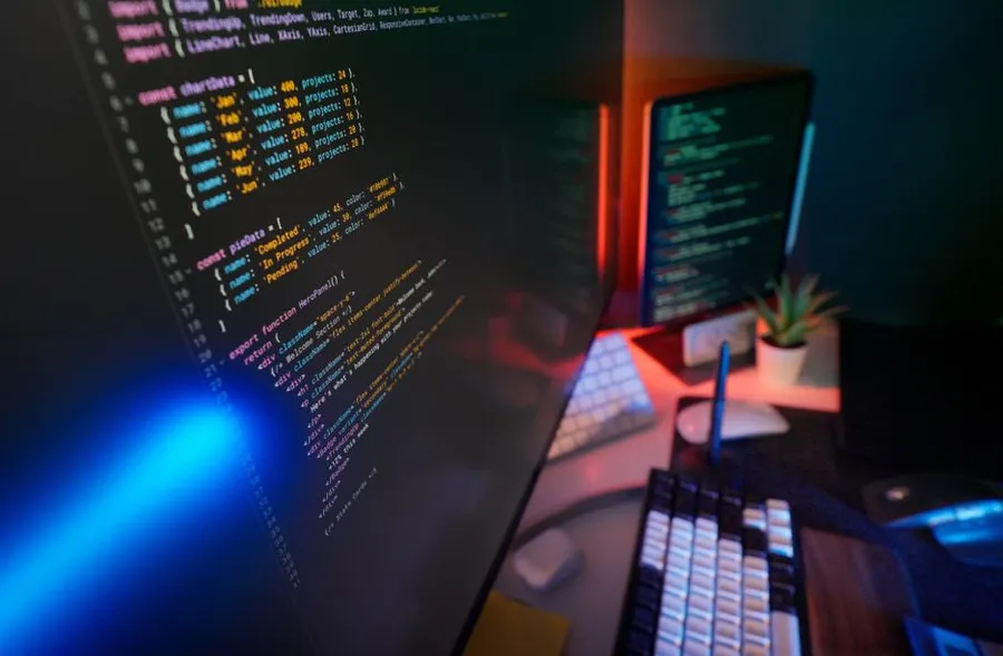 Code editor at a developer workstation with warm lighting