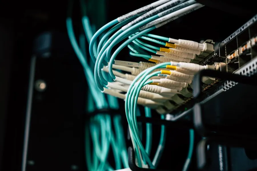 Network cabling connected to a patch panel in a rack